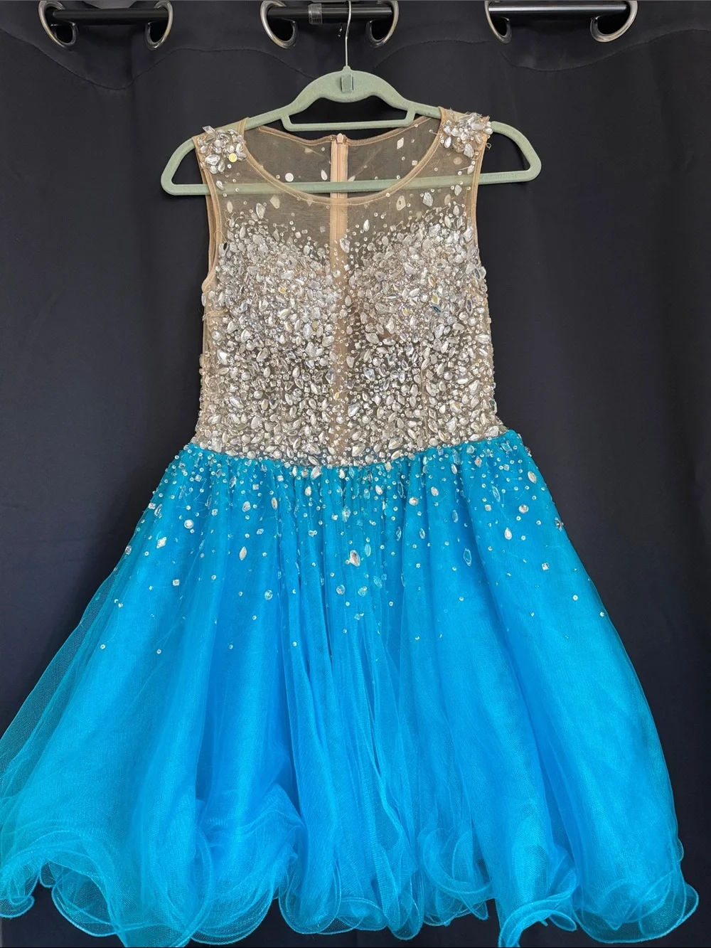 Jovani Blue Tulle Dress with Silver Beaded Bodice